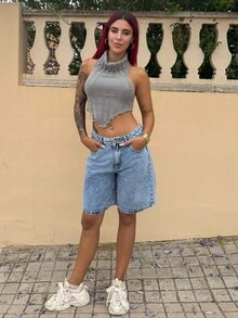 Bearsaez 女裝寬鬆休閒牛仔半褲，帶口袋 - 淺色水洗藍 - 查看 6