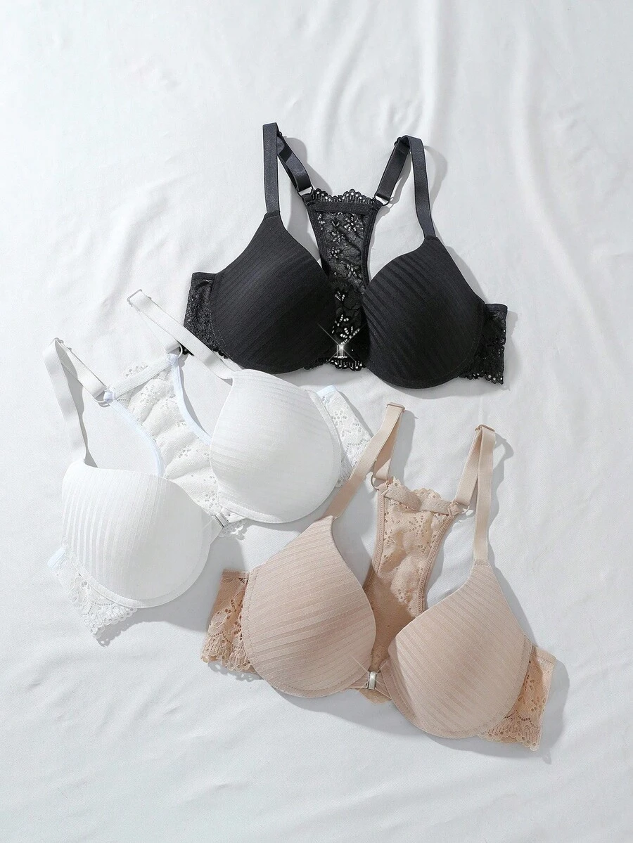 DesireSculpt 3pcs/Set Sexy Lace Patchwork Backless Bra Set For Women - Multicolor - View 1