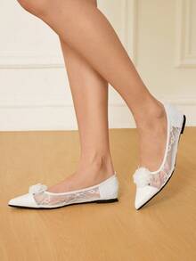 CUCCOO HITCHD 女士花卉刺绣蕾丝拼布尖头平底鞋，优雅时尚舒适甜美浪漫白色网眼仿皮芭蕾平底鞋，适合情人节、婚礼、万圣节、圣诞节、感恩节、新年、春节、生日、派对 - 白色 - 查看 6