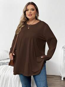 SHEIN CURVE+ 大码女式休闲宽松纯色长袖T恤 - 棕色 - 查看 7
