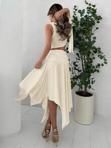Jemour Ladies' Solid Color Graduation Season White Dress, Asymmetric Oblique-Shoulder Top With Tied Straps + Asymmetrical Hem High Side Slit Ruched Skirt - Apricot - View 2