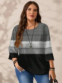 EMERY ROSE 大码女式休闲全宽黑白灰条纹印花圆领宽松七分袖衬衫，秋冬 - 彩色 - 查看 6