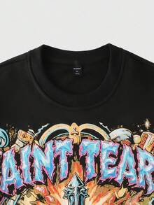 ROMWE MEN Street Life Sudadera de cuello redondo de manga larga con estampado de cruz y letras, informal para hombre, otoño/invierno - Negro - Ver 3