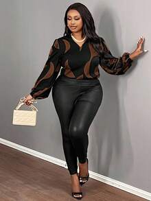 Slaydiva Plus Size Casual Commuter V-Neck Long Sleeve Loose Printed Shirt, Autumn Fall - Chocolate Brown - View 3