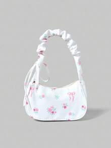 ROMWE Kawaii 1buc nailon alb cu imprimeu floral cu fermoar geantă de umăr casual, versatilă și la modă pentru femei uz zilnic