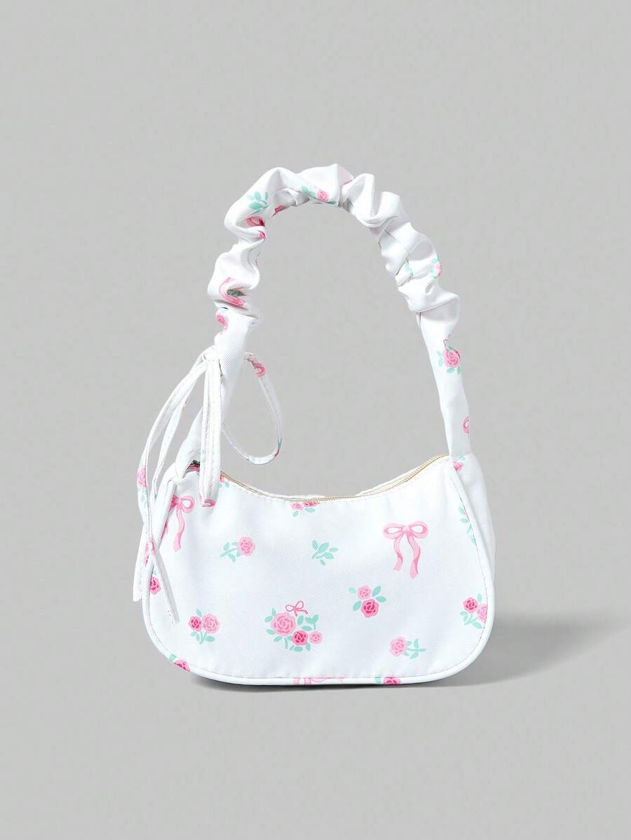 ROMWE Kawaii 1buc nailon alb cu imprimeu floral cu fermoar geantă de umăr casual, versatilă și la modă pentru femei uz zilnic