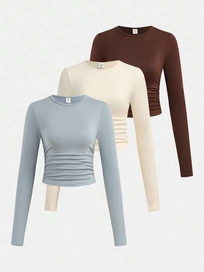 SHEIN Girlism 3pcs/Set Teen Girl Solid Color Crew Neck Ruched Long Sleeve T-Shirts