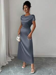 Rafferiza فستان نسائي أنيق بياقة عالية وأكمام قصيرة من الساتان مع ربطة عنق، مناسب للمناسبات والذهاب إلى العمل