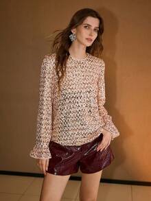 MOTF PREMIUM SEQUINS FLARE SLEEVE LACE TRIM BLOUSE - Gold - View 4