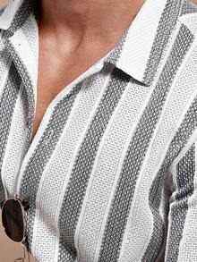 Manfinity Homme 男士休闲条纹 Polo 领衬衫 - 黑與白 - 查看 3