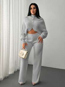 EURMUSE 2 Pieces Ribbed Knit Lounge Set Featuring Asymmetrical Sweater With Decorative Bow Accents And Matching High-Waisted Pants - Grey - View 6