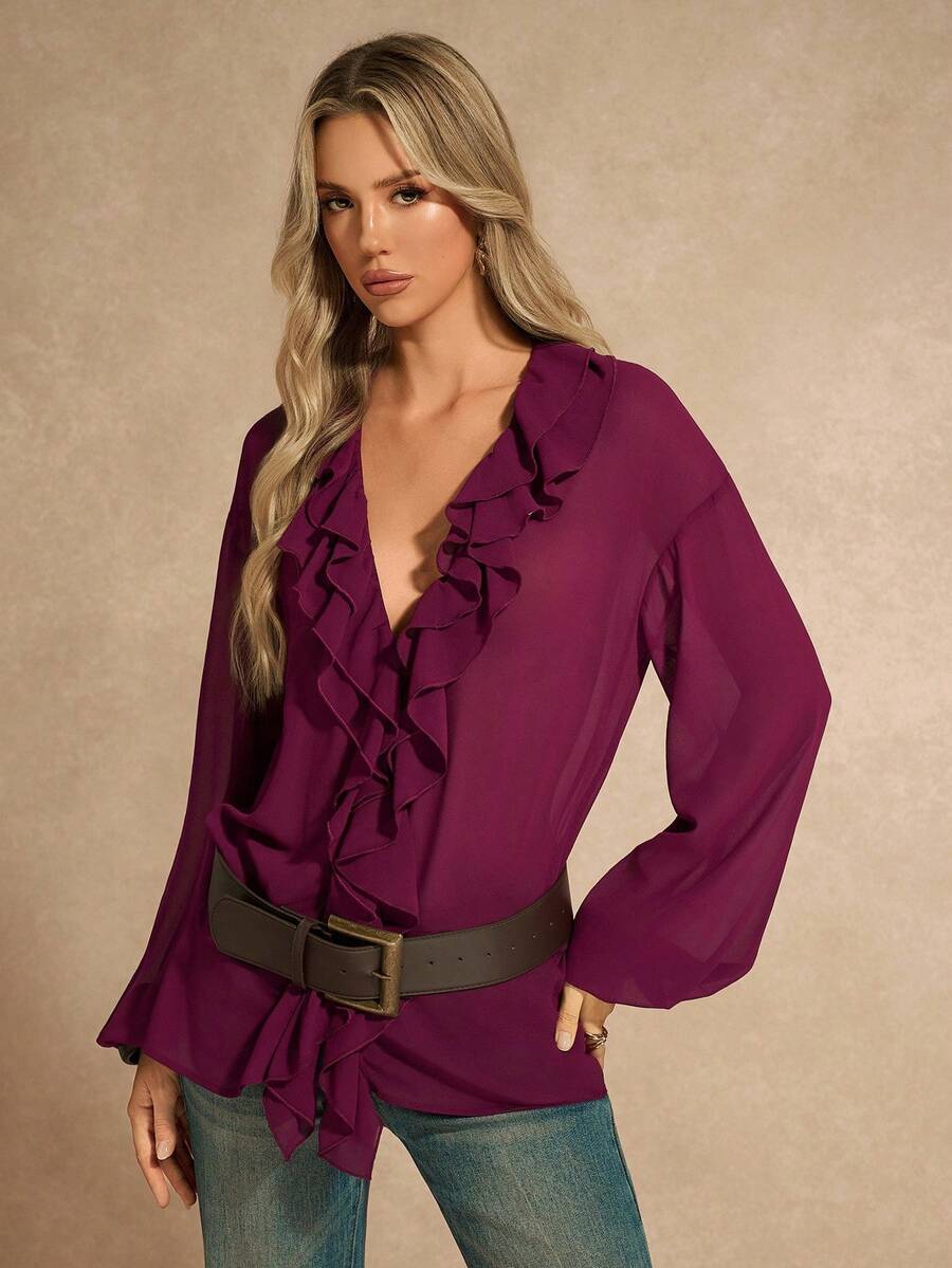 Chiquease Women's Ruched Peplum Collar Lantern Sleeve Belted Shirt - Burgundy - View 1