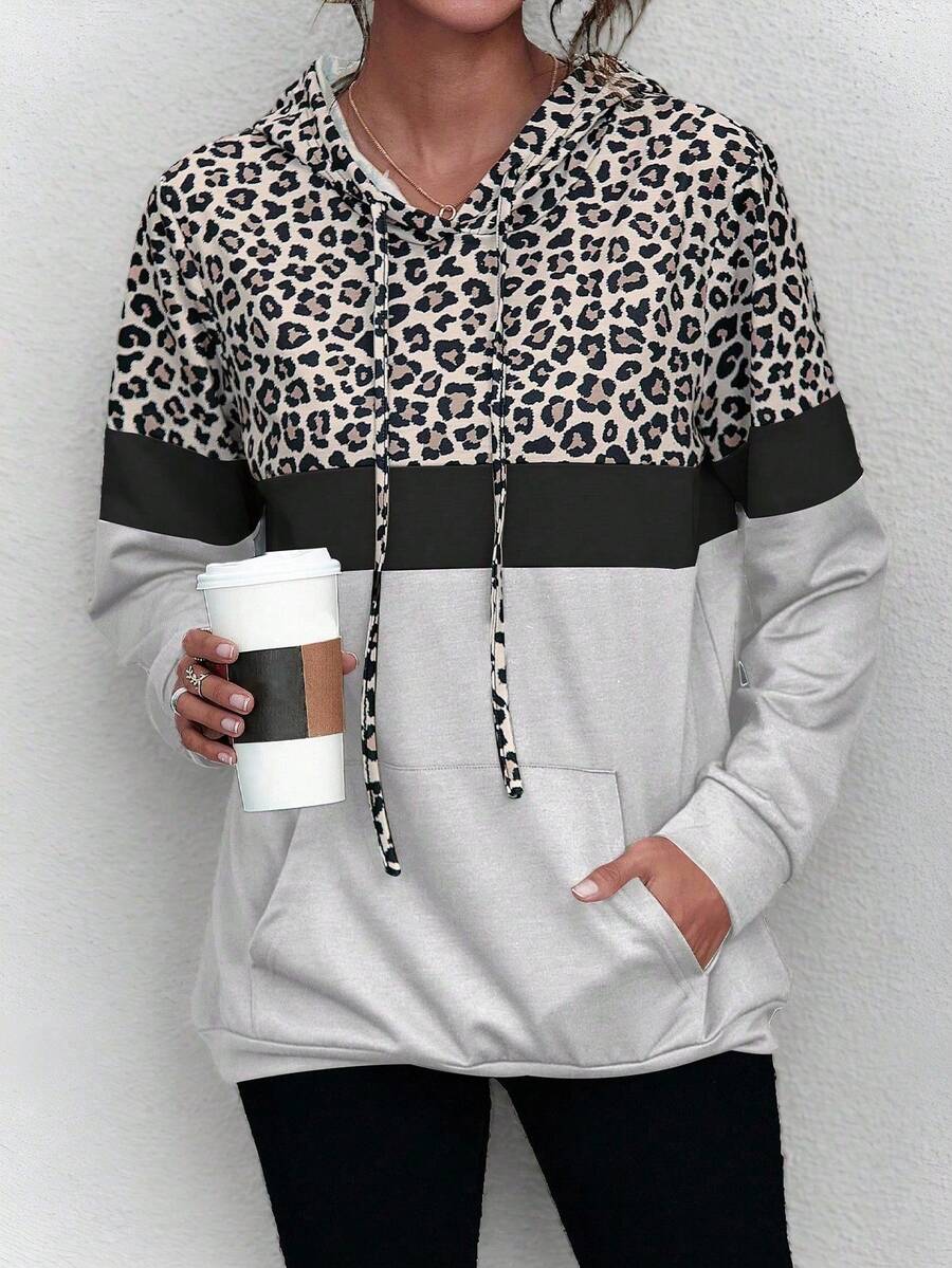EMERY ROSE Women's Solid Color Leopard Print Patchwork Hooded Long Sleeve Long Sweatshirt - Grey - View 1