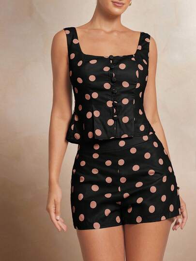 L'Amorae Damen braune Polka Dot Leinen Shorts im Vintage-Stil