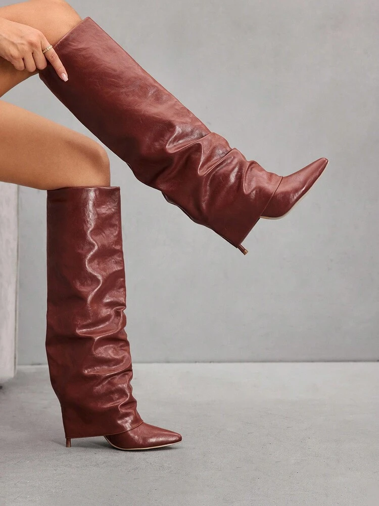 CUCCOO SZL 女性用 尖った つま先 ハイヒールブーツ、ブラウン PU 二層素材デザイン、ファッション ミニマリスト 日常、パーティー、イベントに快適、サイドジッパー付きスリップオン