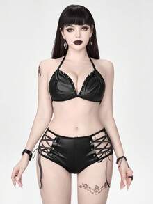 ROMWE Grunge Punk Bộ đồ lót gợi cảm hình tam giác thắt dây phong cách Punk tối màu dành cho nữ và quần lót Hipster - màu đen - Xem 4