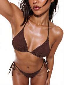 Swim Basics Springbreak Women's Solid Color Halter Tie Sexy Bikini Swimsuit Set, Special Fabric - Coffee Brown - View 5