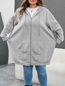 SHEIN CURVE+ Felpa con cappuccio casual con chiusura lampo e tasche, tinta unita, taglie comode, abbigliamento autunnale/invernale da donna