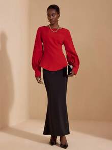 JIAN LASALA Solid Red Boat Neck Bishop Long Sleeves Back Tie Cutout Elegant Top Women Autumn Red Concert Top Backless Red Top Red Backless Top Luxury Stylish Collection - Red - View 6