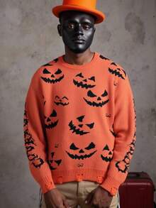 Manfinity Roghcode Tricot ample à col rond pour hommes avec motif citrouille, pour Halloween, automne et hiver - Multicolore - Voir 1