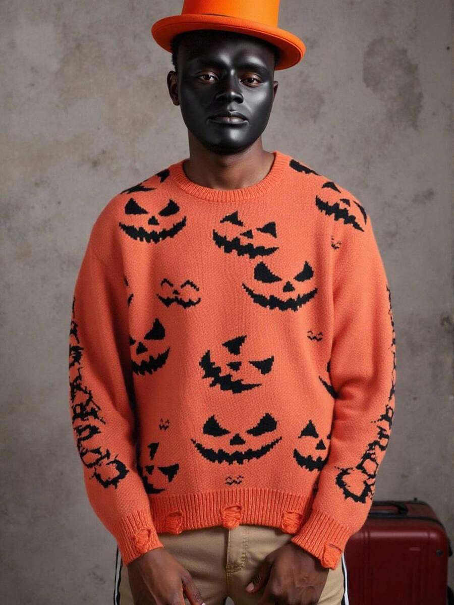 Manfinity Roghcode Tricot ample à col rond pour hommes avec motif citrouille, pour Halloween, automne et hiver - Multicolore - Voir 1