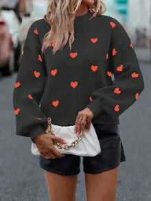EMERY ROSE Suéter holgado de manga larga con estampado de corazón, casual para mujer, otoño/invierno - Negro - Ver 6