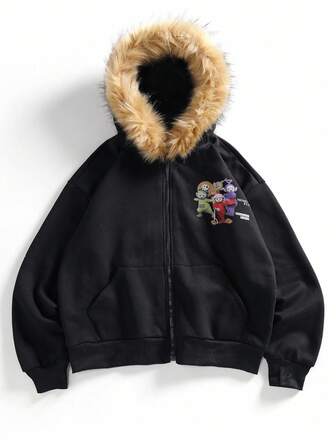 Teletubbies X ROMWE Men Street Cute Cartoon & Letter Graphic Furry Trim Hoodie, Long Sleeve Top