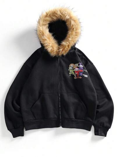 Teletubbies X ROMWE هودي مزين بفرو مع رسومات كرتونية وحروف جذابة للرجال