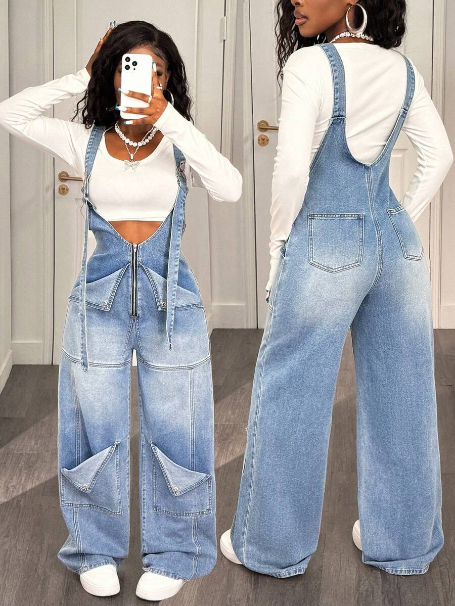 Slaydiva Women's Denim Overalls And Jumpsuits Loose Straight Overalls Light Blue Denim Jumpsuit Fall Women Clothes Winter Clothes Halloween Goth Alternative Y2K Fashionable Street Wear Baggy Jeans Y2k Jean Overalls Curve Overalls Denim Jumpsuits For Woman - Light Wash - View 1