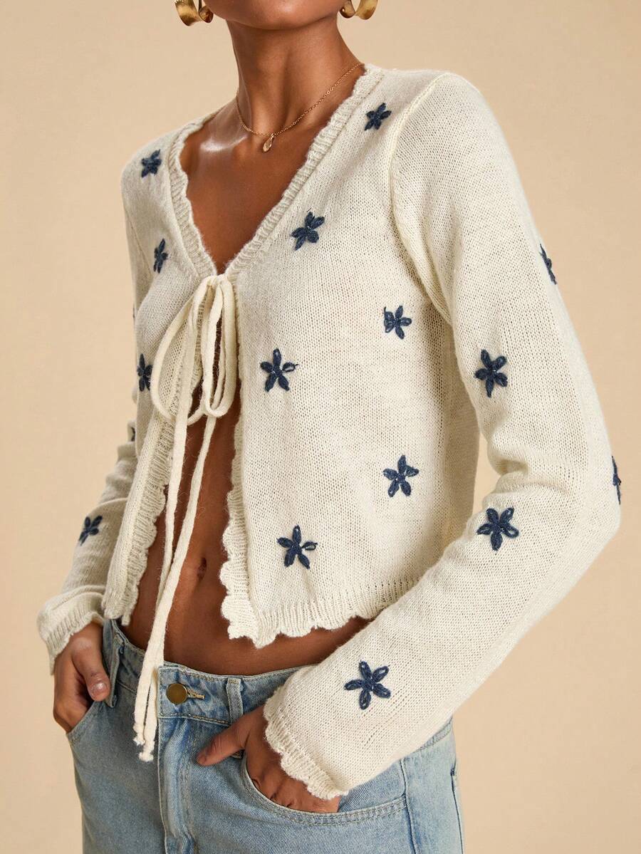 Travachic 女式花卉印花长袖系带休闲针织开衫，秋季