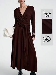 Aalyst Women's Elegant High-End Dark Brown Autumn V-Neck Cinched Waist Maxi Dress, Formal Office Business Casual Wedding Guest Afternoon Tea Dining Long Sleeve Dress - Mocha Brown - View 1
