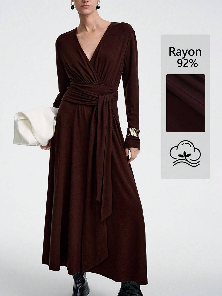 Aalyst Women's Elegant High-End Dark Brown Autumn V-Neck Cinched Waist Maxi Dress, Formal Office Business Casual Wedding Guest Afternoon Tea Dining Long Sleeve Dress - Mocha Brown - View 1
