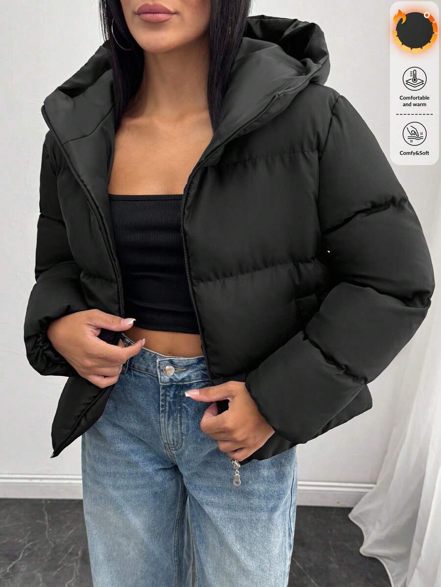 EURMUSE 小码女式纯色休闲连帽冬季大衣 - 黑色 - 查看 1