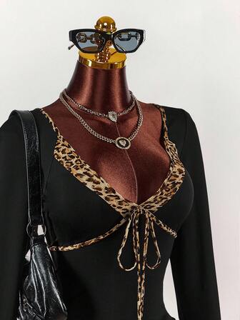 Amplova Y2K Black Leopard Print Contrast Heart Chest Tie Strap Bodycon Long Sleeve Sexy Blouse For Women