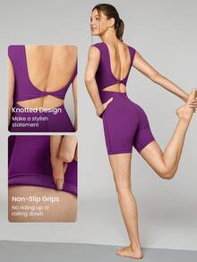 GLOWMODE 6" FeatherFit™ Square Neck Knotted Romper Bodysuit Light Support Yoga Pilates Studio Gym Daily - Purple - View 3
