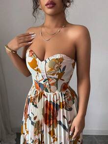 Selianne 女士数码花卉印花紧身胸衣腰部 A 字褶皱优雅浪漫连衣裙 - 彩色 - 查看 3