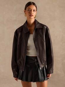 SHEIN BAE 女士纯色简约休闲拉链长袖夹克秋冬女装 - 咖啡棕 - 查看 7