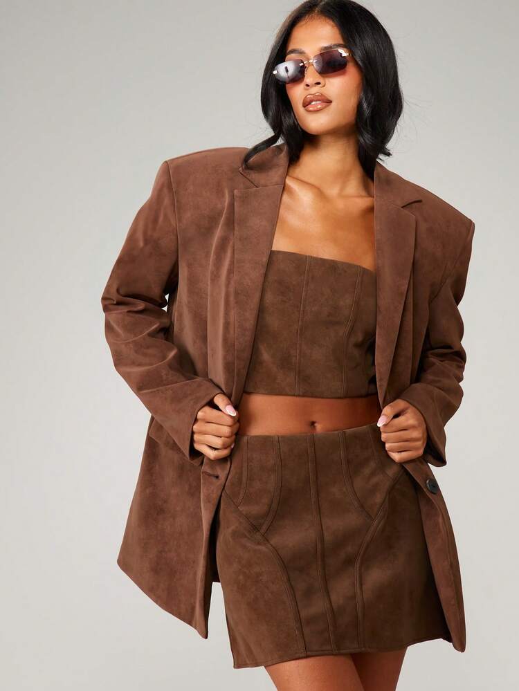 MISSGUIDED Women's Oversized Premium Suede Blazer With Button Closure Professional Casual Office Chic Three Piece Suit Fall Winter Business Workwear With Pocket