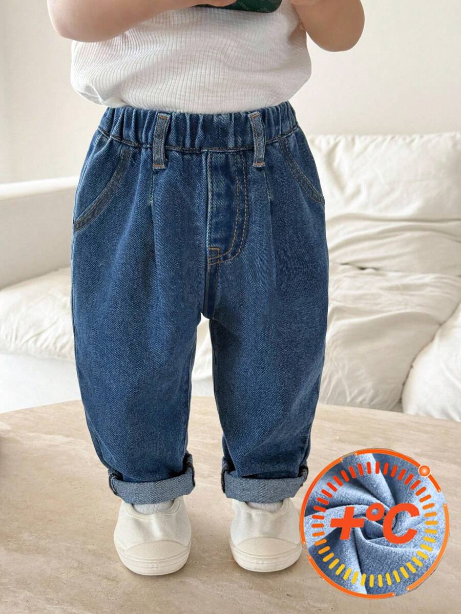 SHEIN 女婴可爱深蓝色牛仔保暖裤，带荷叶边裤脚，加绒加厚保暖，秋季/冬季服装 - 深色水洗藍 - 查看 1