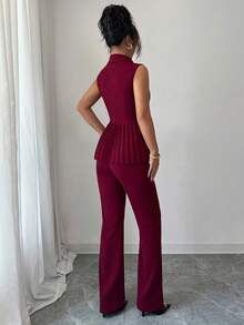 SHEIN PETITE 小巧无袖褶皱腰A字优雅浪漫精致女士西装套装 - 酒紅色 - 查看 2