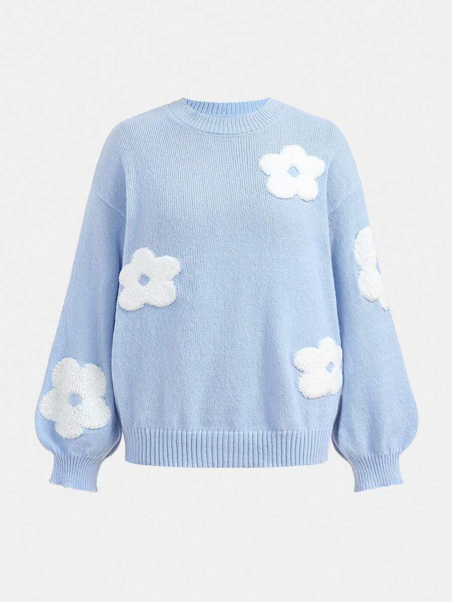 SHEIN Girlism 青少年女孩寬鬆版型花卉刺繡圓領落肩長袖針織毛衣,藍色秋冬服飾 - 藍色 - 查看 1