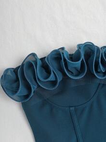 SHEIN Tall CURVE 大码女式蕾丝露肩时尚衬衫 - 水鴨藍 - 查看 4