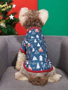 PETSIN Christmas Festival Pet Tee Santa & Snow Print On Navy Blue With Red Trim Holiday Style Dog Clothes - Multicolor - View 13