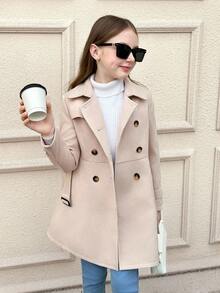 SHEIN Serisse Kids Tween Girls Classic Lapel Double-Breasted Cinched Waist Mid-Length Overcoat, Suitable For Weekend, Casual Outing, Back To School, Autumn/Winter