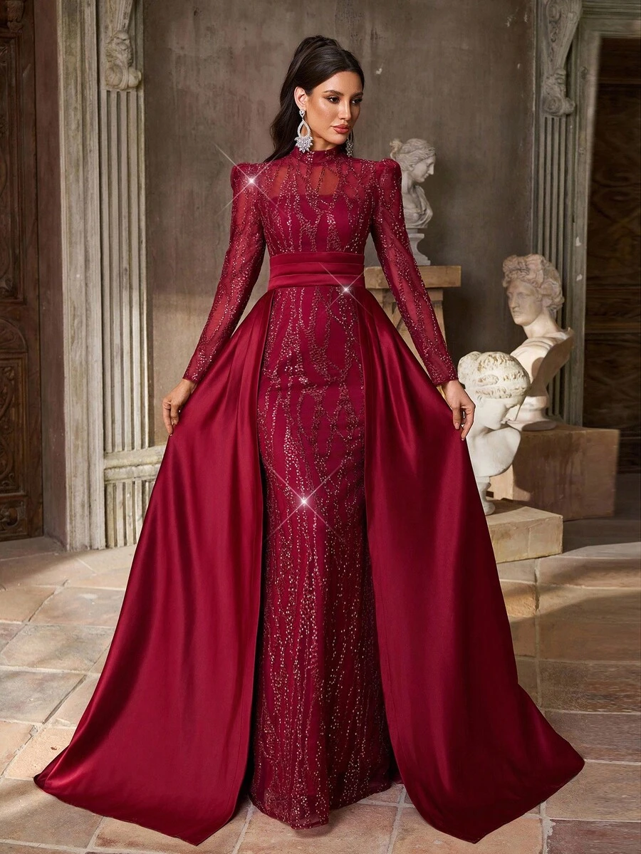 Aureia 优雅奢华酒红色亮片刺绣缎面立领长袖透明超长正式晚礼服 - 酒紅色 - 查看 1