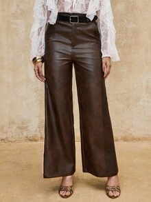 SHEIN Privé VITNOS 女士棕色渐变压纹阔腿纯素皮革长裤，配同色腰带，秋季新款女装，秋冬休闲风，时尚秋季穿搭，派对造型，秋冬女装，新年装扮，大地色系，优雅法式风情，舒适毛衣，秋冬新款女装，周末休闲，秋季职场穿搭，精致浪漫，优雅奢华，复古富贵感，今秋时尚之选，适合约会、外出、夜生活、派对、婚礼、假日、度假、生日等场合。 - 棕色 - 查看 5