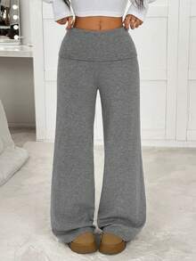 SHEIN EZwear 女款秋冬新款灰色翻领腰带超低腰针织毛衣裤 - 灰色 - 查看 1