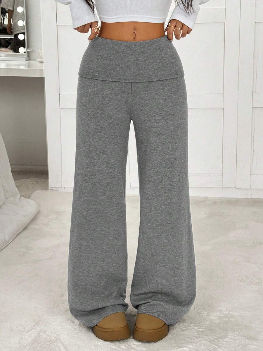 SHEIN EZwear 女款秋冬新款灰色翻领腰带超低腰针织毛衣裤 - 灰色 - 查看 1