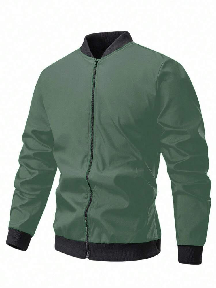 Manfinity Homme Men's Autumn Contrast Color Zipper Collar Casual Baseball Jacket - Mint Green - View 1