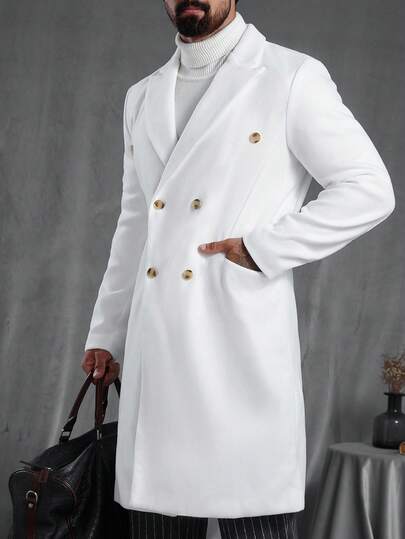 Manfinity CasualCool 男士纯色翻领长袖双排扣休闲白色大衣，Old Money，秋冬